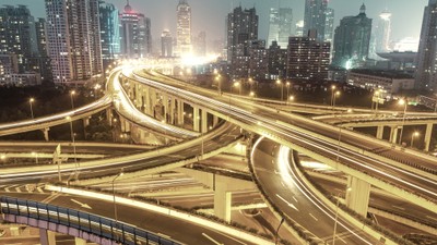 Beautiful City Interchange Overpass at Nightfall in Shanghai_082825A